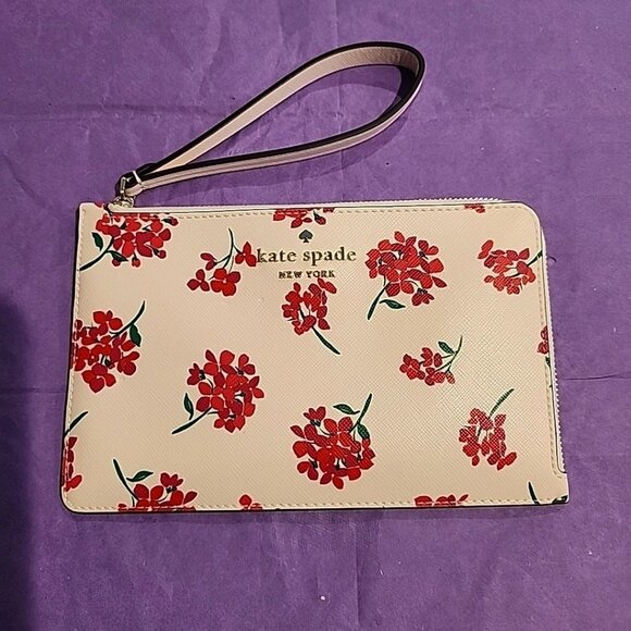 New Kate Spade Staci Floral Medium L Zip Wristlet Fresh Peach - Picture 1 of 6